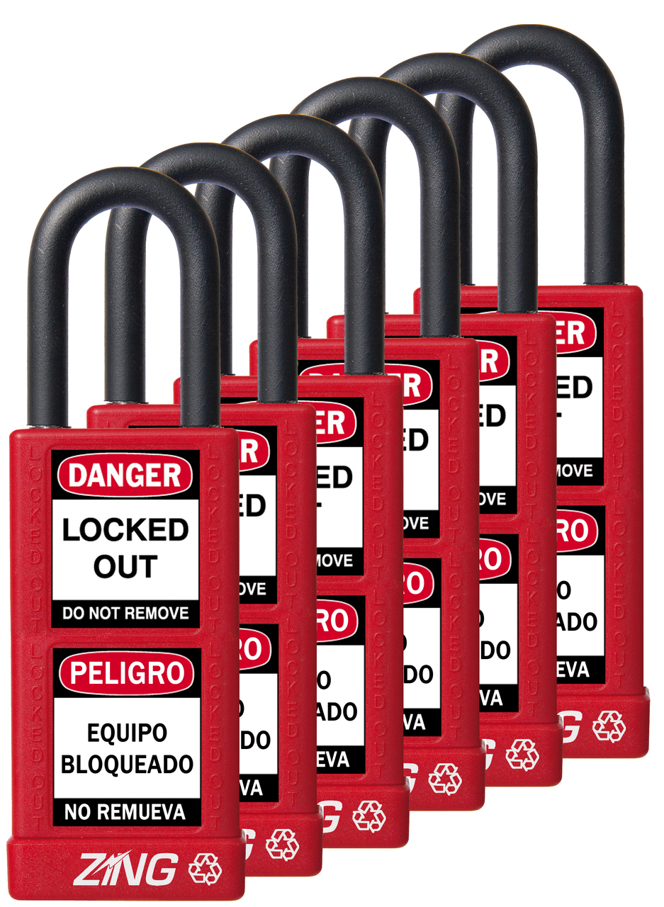 ZING RecycLock Safety Padlock, Keyed Alike,1-1/2" Shackle, 3" Long Body, Red, 6 Pack