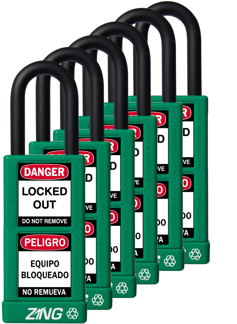 ZING RecycLock Safety Padlock, Keyed Alike,1-1/2" Shackle, 3" Long Body, Green, 6 Pack