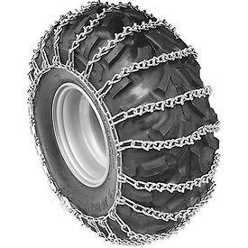 Picture of tire chains on a tire.