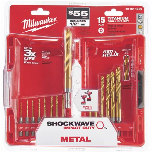 48-89-4630 Milwaukee Shockwave 15-Piece Impact Duty Titanium Hex Shank Drill Bit Set