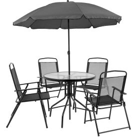 Outdoor table, chairs and umbrella image.