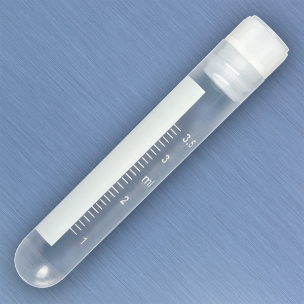 Globe Scientific CryoCLEAR vials, 4.0mL, STERILE, Internal Threads, Attached Screwcap with Co-Molded Thermoplastic Elastomer (TPE) Sealing Layer, Round Bottom, Printed Graduations, Writing Space and Barcode, 50/Bag Image