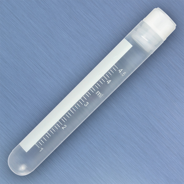 Globe Scientific CryoCLEAR vials, 5.0mL, STERILE, Internal Threads, Attached Screwcap with Co-Molded Thermoplastic Elastomer (TPE) Sealing Layer, Round Bottom, Printed Graduations, Writing Space and Barcode, 50/Bag Image