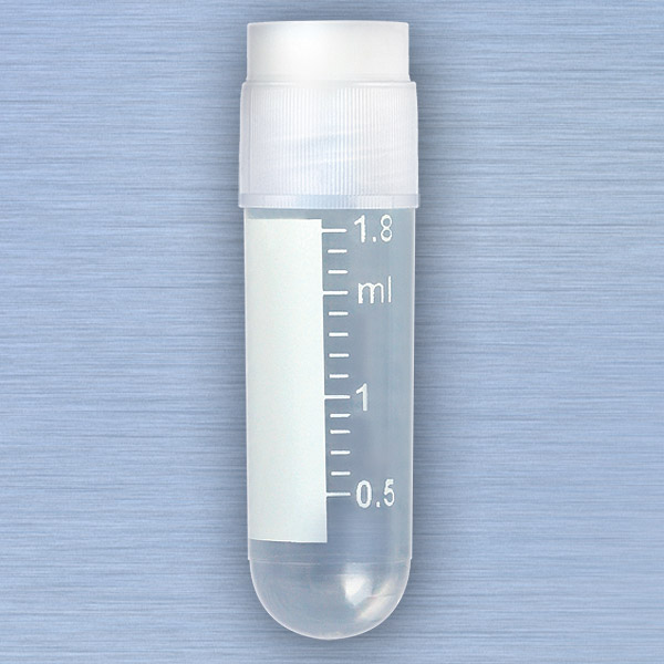 Globe Scientific  CryoCLEAR vials, 2.0mL, STERILE, External Threads, Attached Screwcap with Co-Molded Thermoplastic Elastomer (TPE) Sealing Layer, Round Bottom, Printed Graduations, Writing Space and Barcode, 50/Bag Image