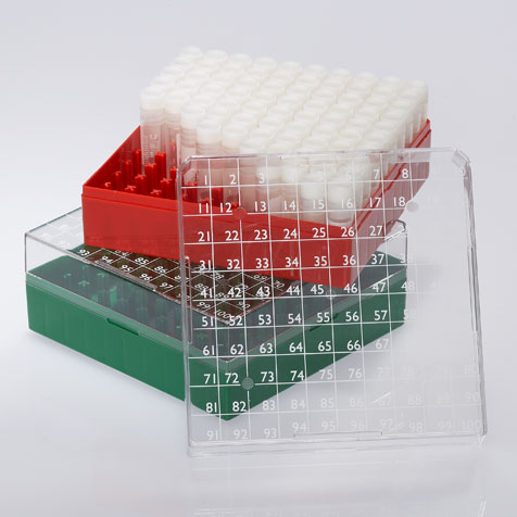 Globe Scientific BioBOX 100, for 1.0mL and 2.0mL Internal Threaded CryoCLEAR vials, Polycarbonate (PC), Holds 100 vials (10x10 format), Printed Lid, Pack Includes a CryoClear Tube Picker, YELLOW Image