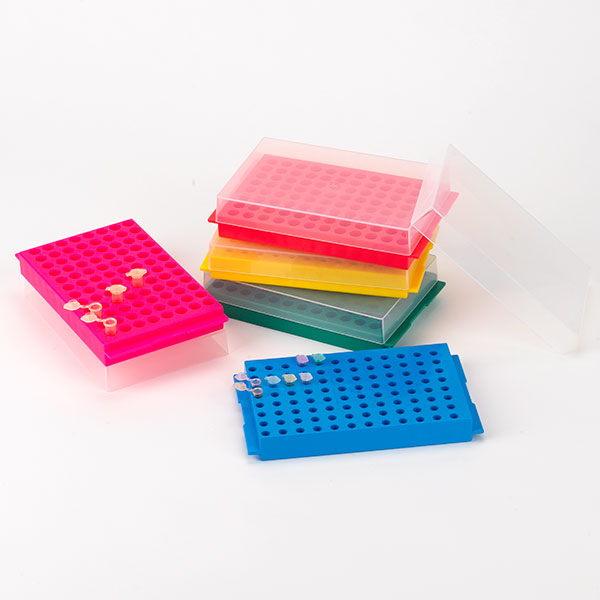 Globe Scientific Reversible Rack with Cover for Microcentrifuge Tubes, 96-Place for 1.5mL and 2.0mL and Reverse Side is 96-Place for 0.2mL and 0.5mL Tubes, Blue, 5/Pack Image