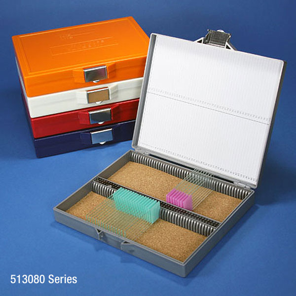 Globe Scientific Slide Box for 100 Slides, Cork Lined, Stainless Steel Lock, Orange Image