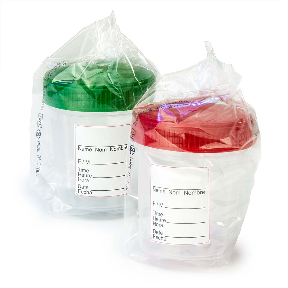 Globe Scientific Specimen Container, 4oz, with Full Turn Green Attached Screwcap, ID Label, PP, Graduated, Sterile, Individually Wrapped Image