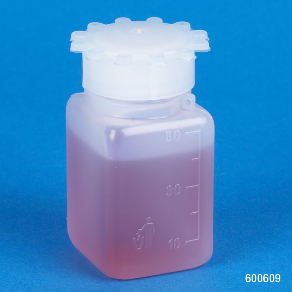Globe Scientific Bottle with Screwcap, Wide Mouth, Square, Graduated, PE (Cap: PP), 50mL Image