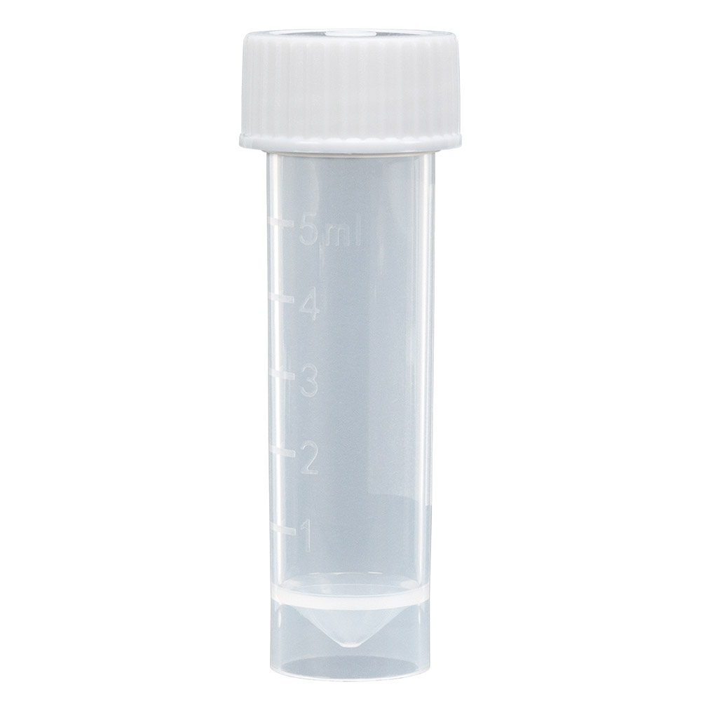 Globe Scientific Transport Tube, 5mL, with Separate Green Screw Cap, PP, Conical Bottom, Self-Standing, Molded Graduations Image