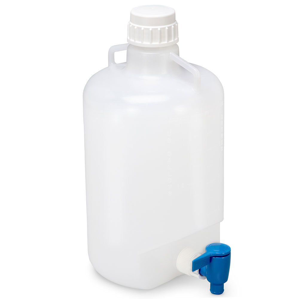 Globe Scientific Carboy, Round with Spigot and Handles, PP, White PP Screwcap, 5 Liter, Molded Graduations, Autoclavable Image
