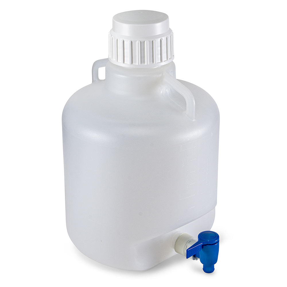 Globe Scientific Carboy, Round with Spigot and Handles, PP, White PP Screwcap, 10 Liter, Molded Graduations, Autoclavable Image