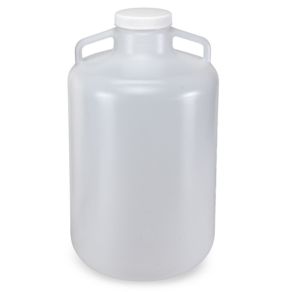 Globe Scientific Carboy, Round with Handles, Wide Mouth, PP, White PP Screwcap, 20 Liter, Molded Graduations, Autoclavable Image