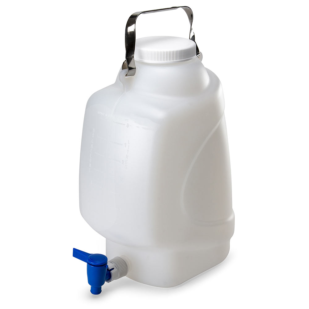 Globe Scientific Carboy, Rectangular with Spigot and Handle, HDPE, White PP Screwcap, 10 Liter, Molded Graduations Image