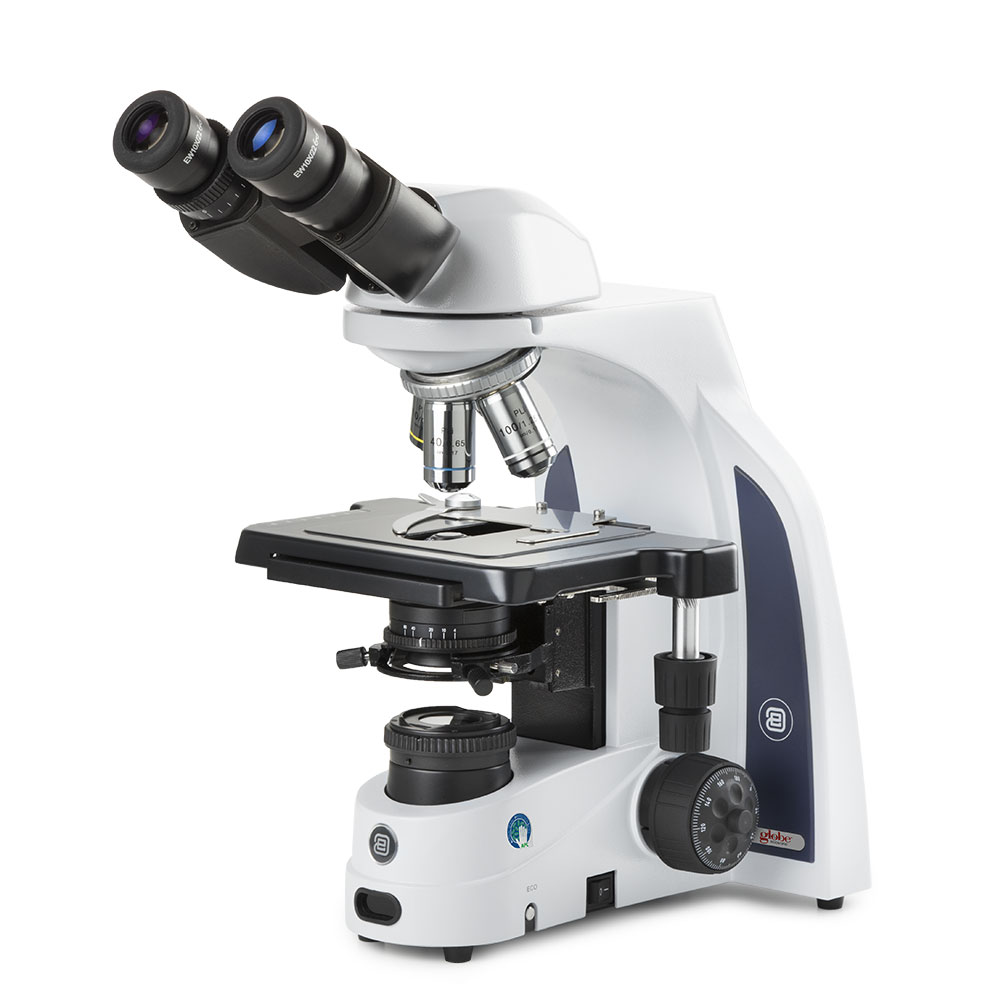 Globe Scientific iScope binocular microscope with EWF 10x/22mm eyepieces, Plan PLI 4/10/S40/S100x oil IOS objectives, rackless stage and 3W NeoLED? K?hler illumination Image