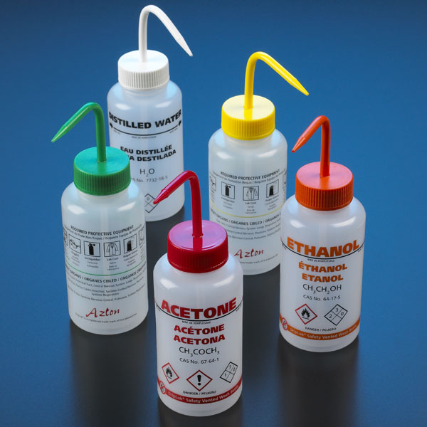 Globe Scientific Wash bottle, Acetone, 500mL, LDPE,multi-lingual,vented,red, GHS Labeled Image