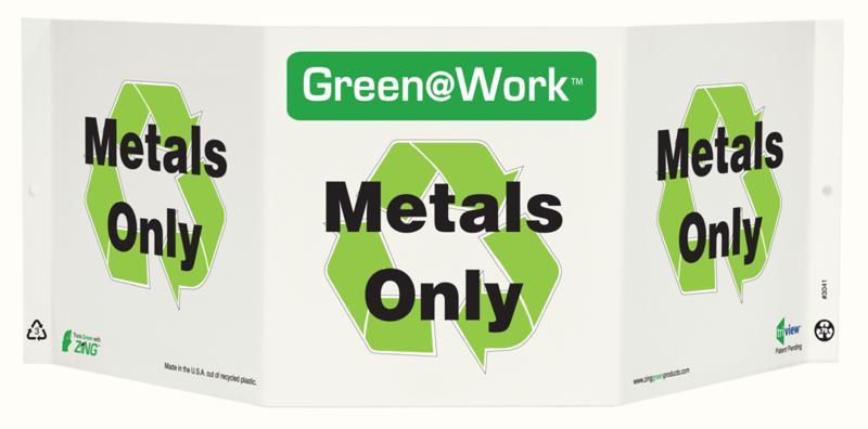 ZING Green at Work Tri-View Sign, Metals Only, Recycle Symbol, 7.5Hx20W, Projects 5 Inches, Recycled Plastic 