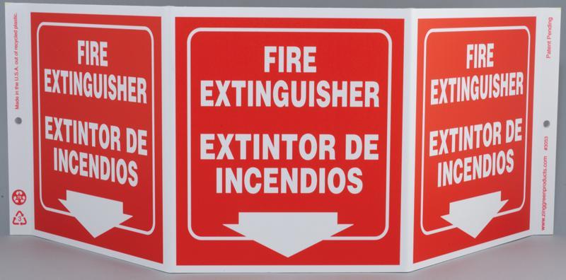 ZING Eco Safety Tri View Sign, Fire Extinguisher (English/Spanish), 7.5Hx20W, Projects 5 Inches, Recycled Plastic