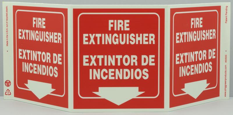 ZING Eco Safety Tri View Sign, Fire Extinguisher (English/Spanish), Glow in the Dark, 7.5Hx20W, Projects 5 Inches, Recycled Plastic 