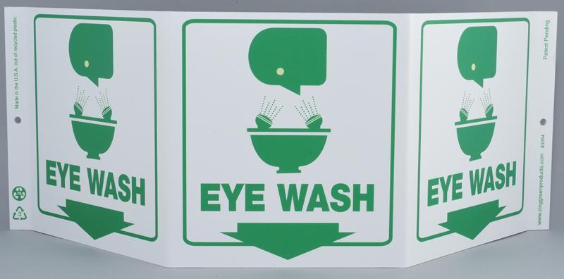 ZING Eco Safety Tri View Sign, Eye Wash, 7.5Hx20W, Projects 5 Inches, Recycled Plastic