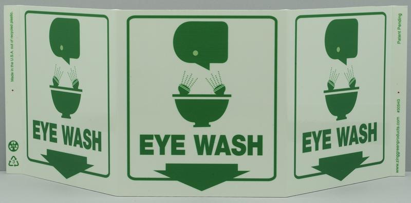 ZING Eco Safety Tri View Sign, Glow in the Dark, Eye Wash, 7.5Hx20W, Projects 5 Inches, Recycled Plastic