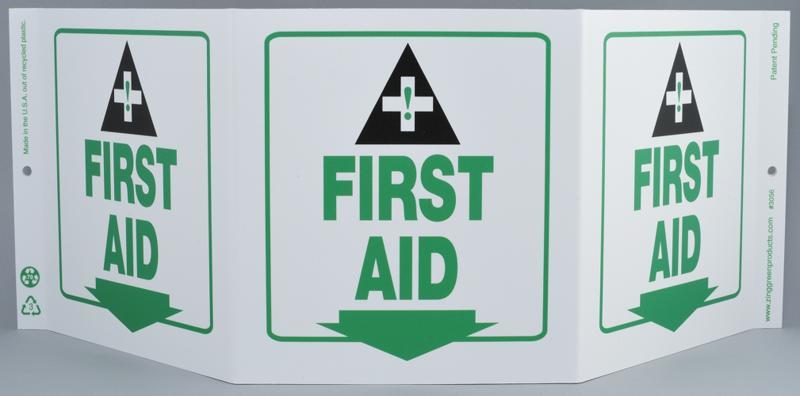 ZING Eco Safety Tri View Sign, First Aid, 7.5Hx20W, Projects 5 Inches, Recycled Plastic