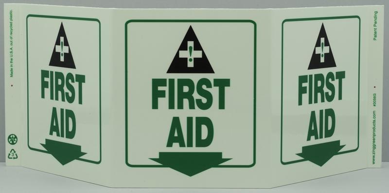 ZING Eco Safety Tri View Sign, Glow in the Dark, First Aid, 7.5Hx20W, Projects 5 Inches, Recycled Plastic