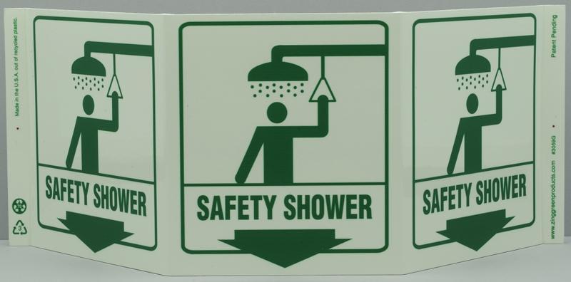 ZING Eco Safety Tri View Sign, Glow in the Dark, Safety Shower, 7.5Hx20W, Projects 5 Inches, Recycled Plastic