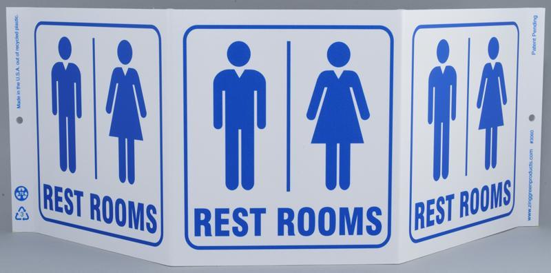 ZING Eco Public Facility Tri View Sign, Restrooms, 7.5Hx20W, Projects 5 Inches, Recycled Plastic