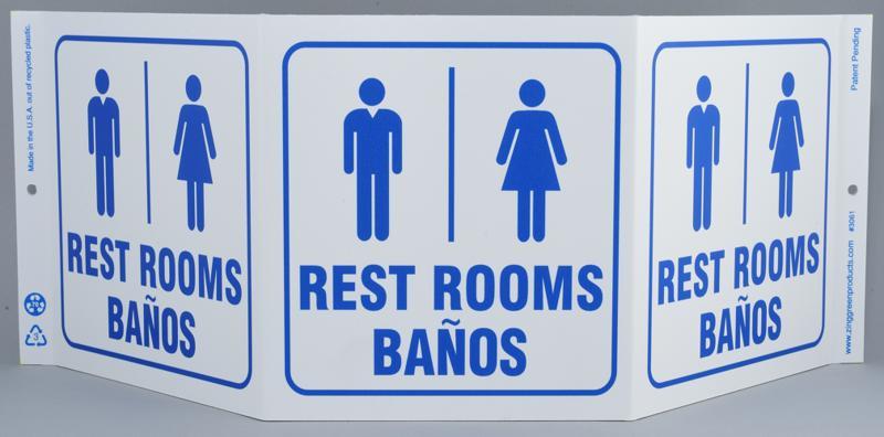 ZING Eco Public Facility Tri View Sign, Restrooms (English/Spanish), 7.5Hx20W, Projects 5 Inches, Recycled Plastic