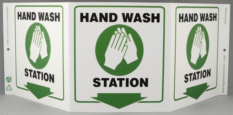 ZING Eco Public Facility Tri View Sign, Hand Wash Station, 7.5Hx20W, Projects 5 Inches, Recycled Plastic