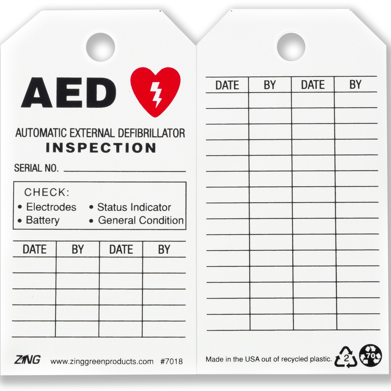 ZING Eco Safety Tag, AED Inspection, 5.75Hx3W, 10 Pack