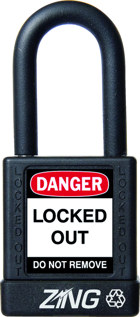 ZING RecycLock Safety Padlock, Keyed Different, 1-1/2" Shackle, 1-3/4" Body, Black