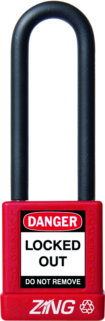 ZING RecycLock Safety Padlock, Keyed Different, 3" Shackle, 1-3/4" Body, Red