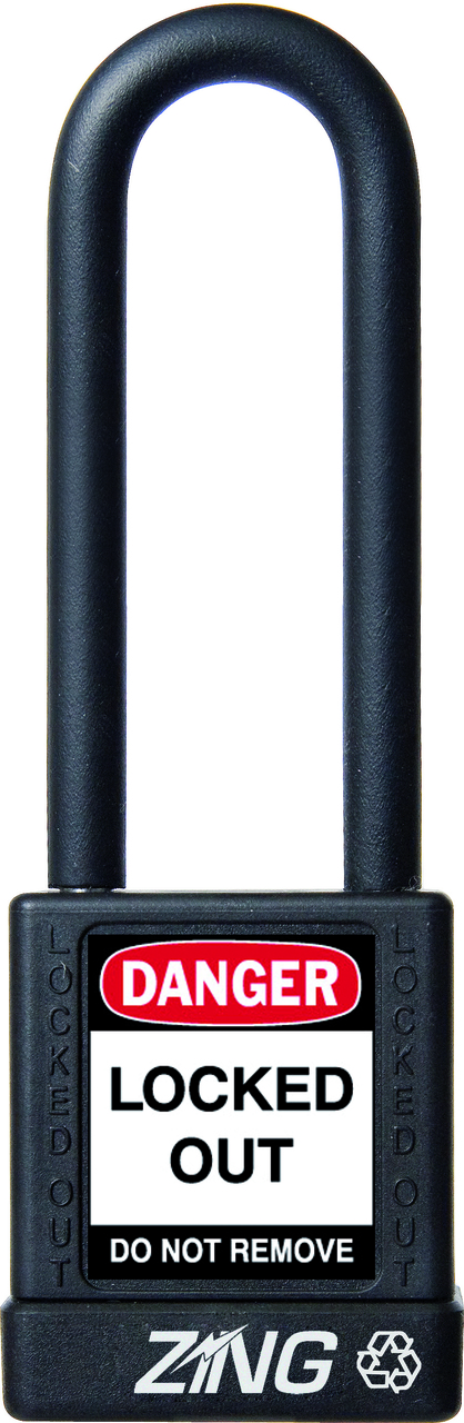 ZING RecycLock Safety Padlock, Keyed Different, 3" Shackle, 1-3/4" Body, Black