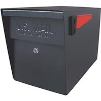 Picture of a rectangular black Mailbox with red side flag.