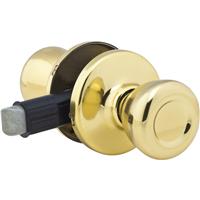 Picture of a gold colored doorknob assembly.