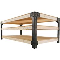 Image of a work bench with shelving below.