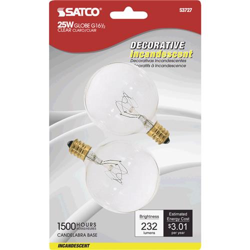 S3727 Satco Candelabra G16.5 Incandescent Globe Light Bulb