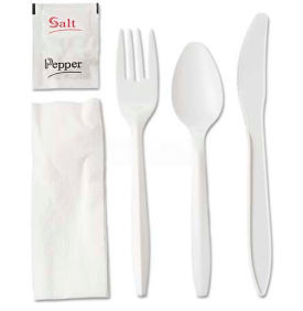 Image of disposable plastic utensils with napkin.